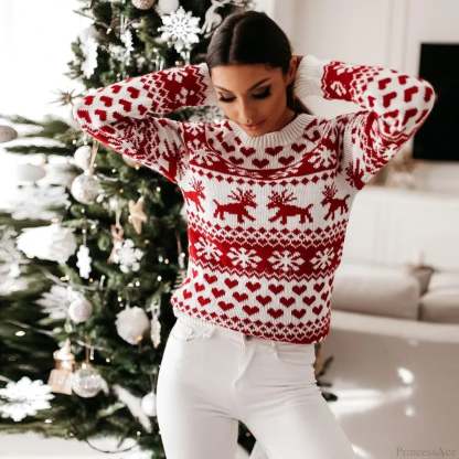Y2K Moose Print Long Sleeve Warm Thicken Christmas Sweater White / S Sweaters-L