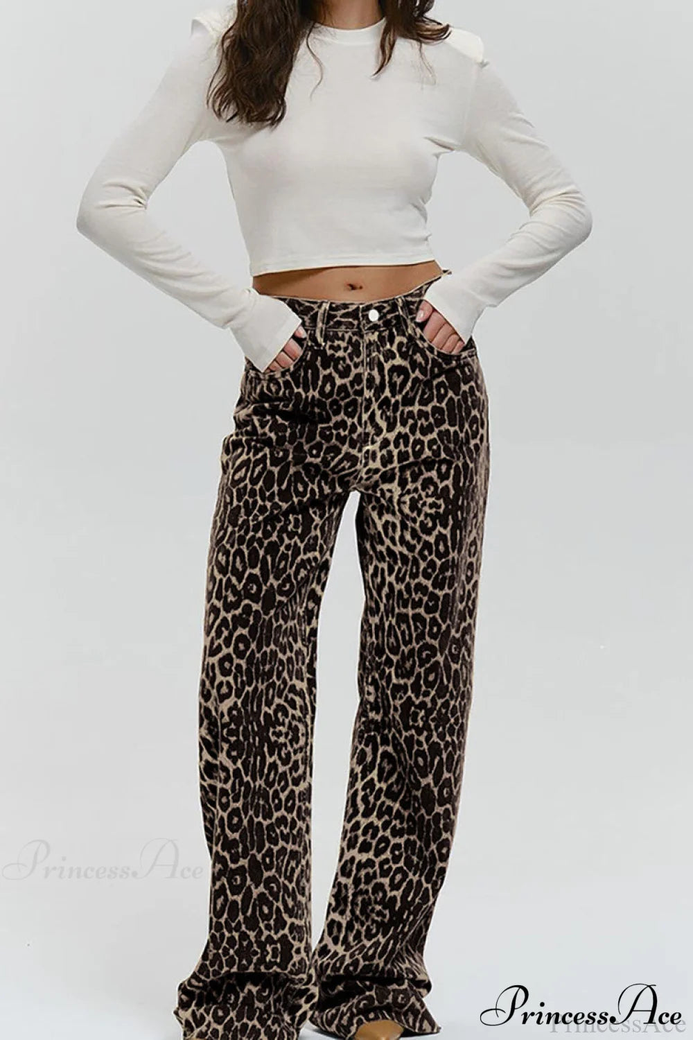 Casual Pure Cotton Leopard Print Wide Leg Pants Brown / XS