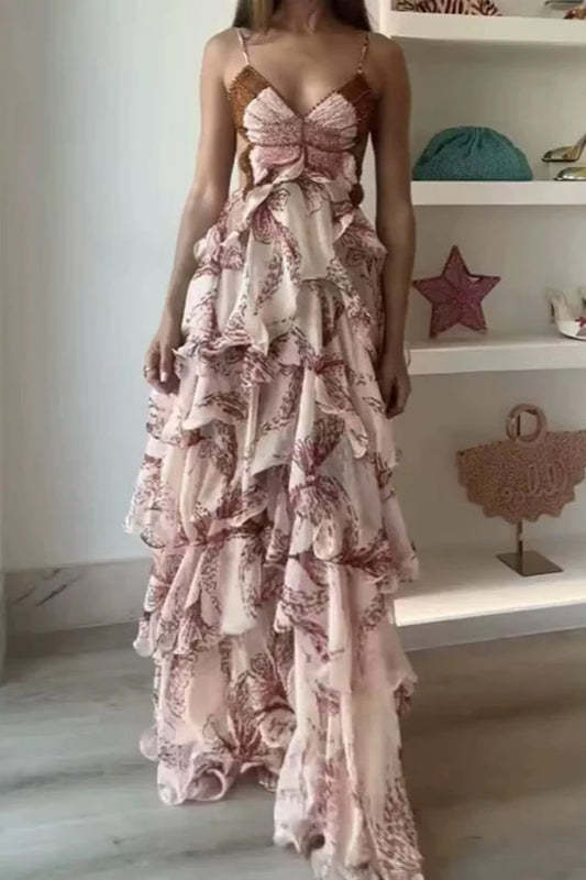 Chic V Neck Pleated Boho Dress Red / S