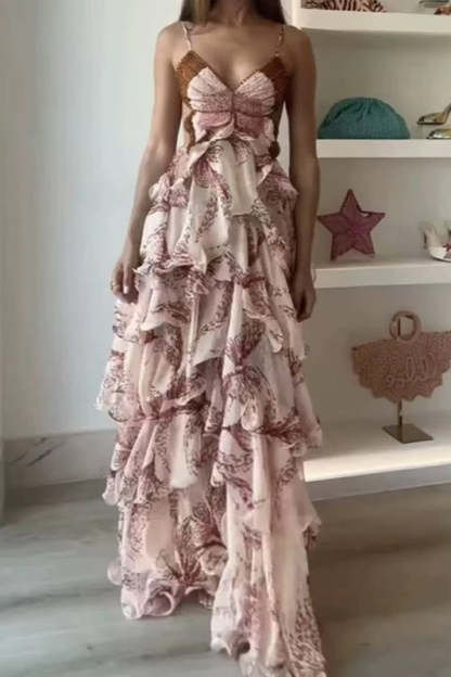 Chic V Neck Pleated Boho Dress Red / S