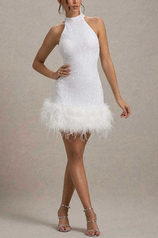 Shiny Fuzzy Sequin Bodycon Party Dress S / White