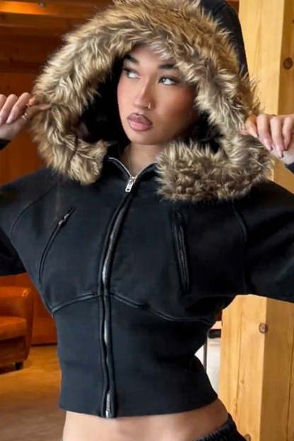 Street Style Fur Trim Sweatshirt Jacket Black / S