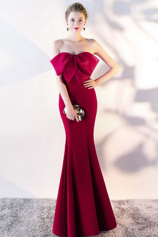 Bow Strapless Mermaid Maxi Party Dress Claret / S