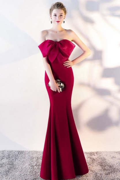 Bow Strapless Mermaid Maxi Party Dress Claret / S