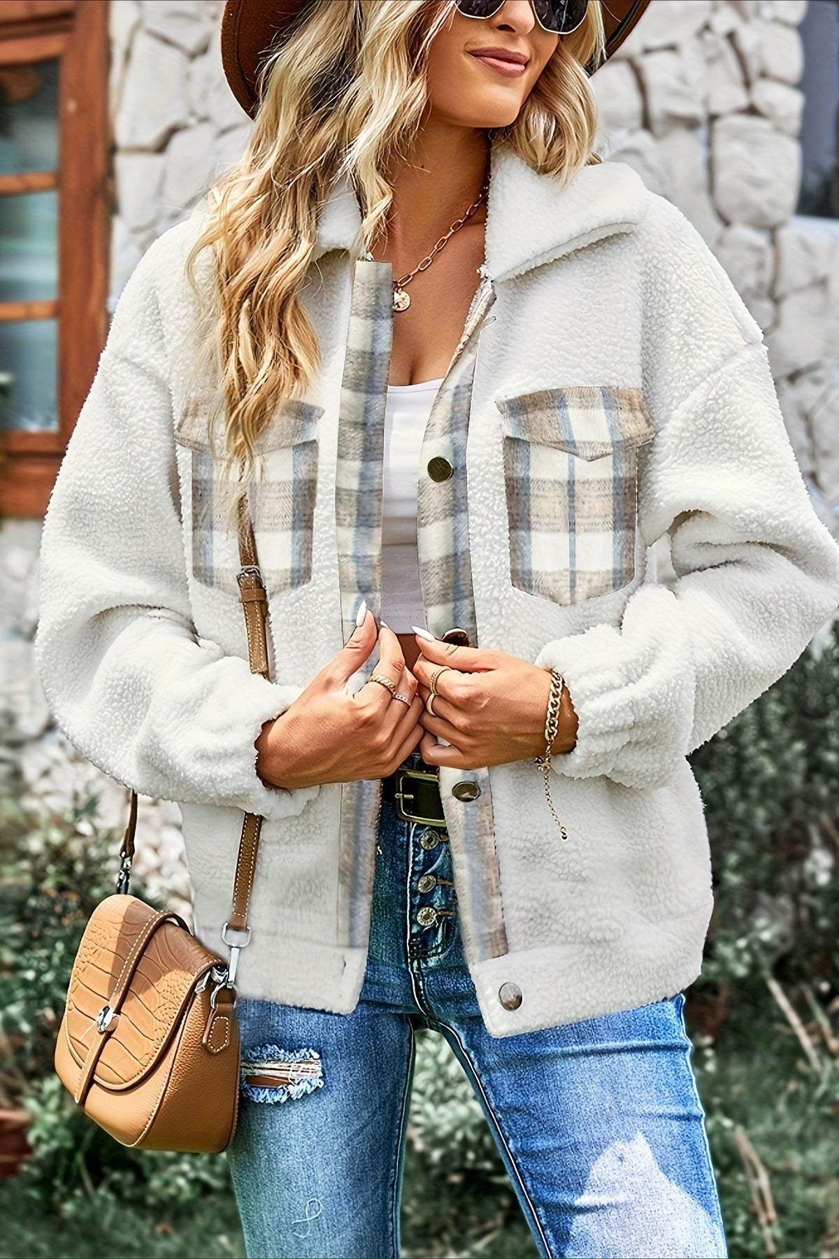 Colorblock Plaid White Wool Coat White / S coats