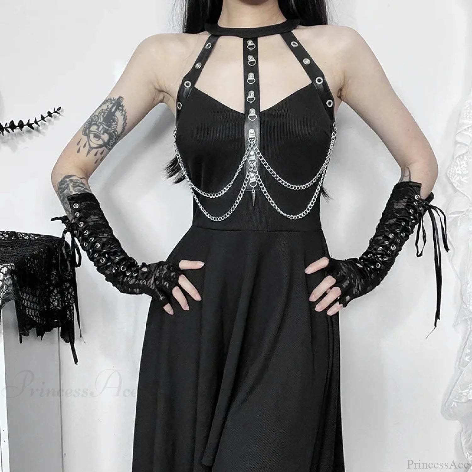 Chains Ornament Halter Swing Midi Dress