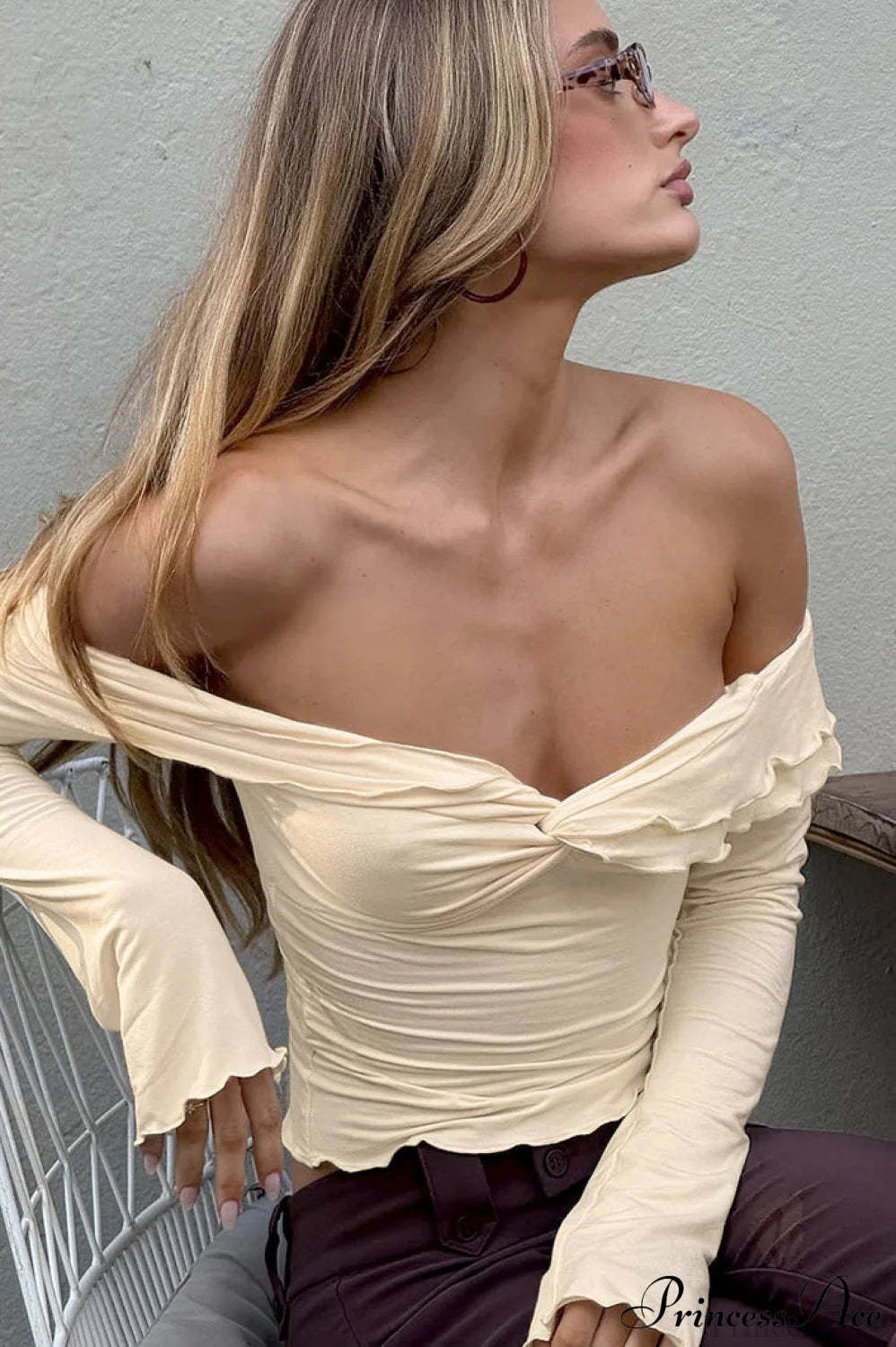 Champagne Ruffled Off Shoulder Modal Long Sleeve Tee