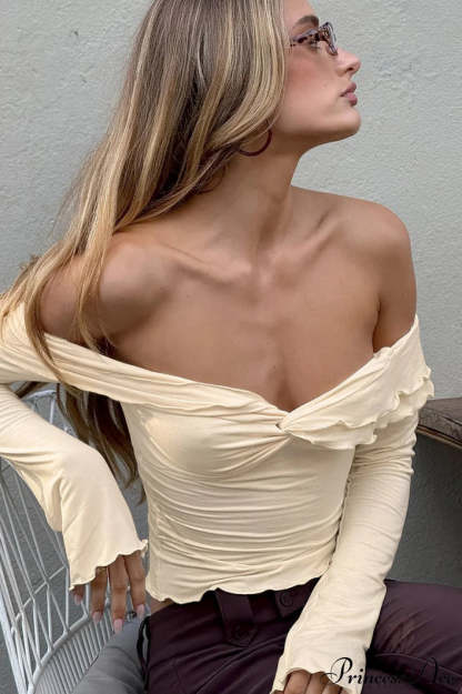 Champagne Ruffled Off Shoulder Modal Long Sleeve Tee