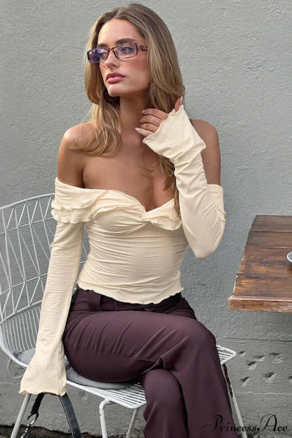 Champagne Ruffled Off Shoulder Modal Long Sleeve Tee Champagne / S