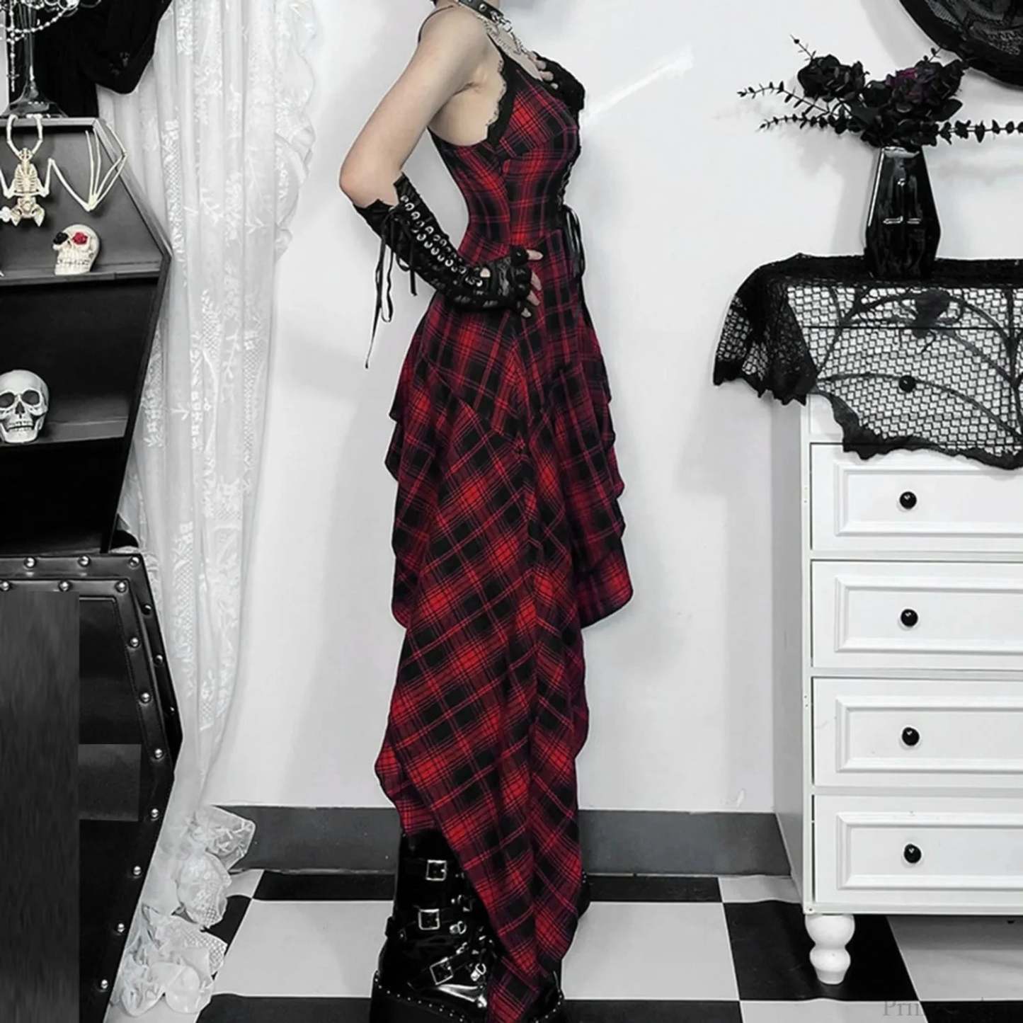 Checkered Suspenders Rebel Rock Midi Dress