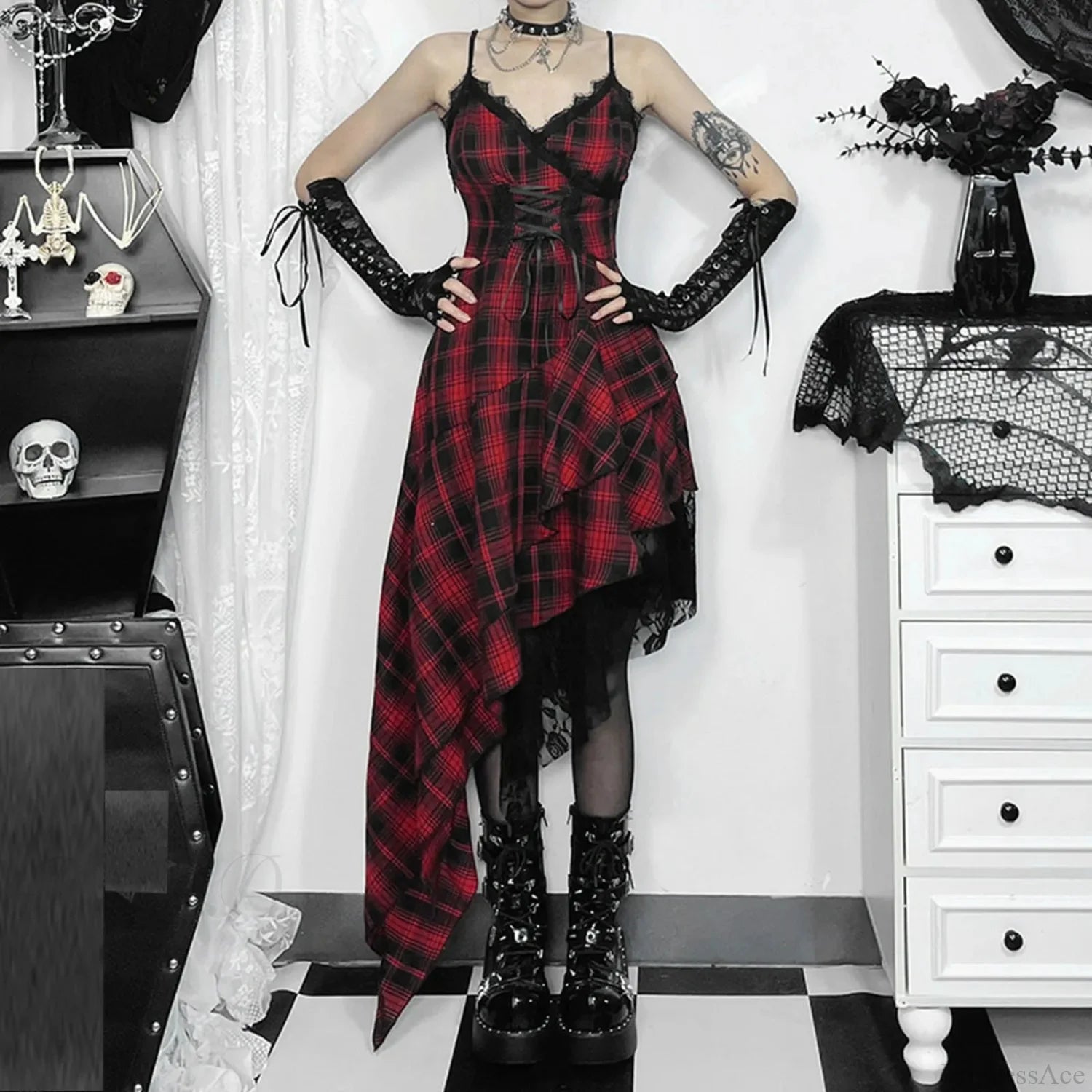 Checkered Suspenders Rebel Rock Midi Dress Red / XS