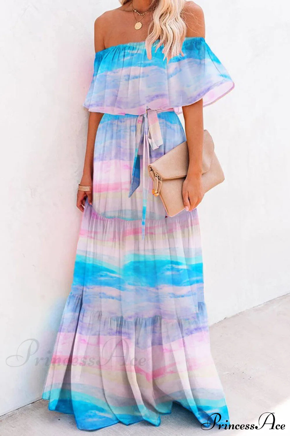 Chest Wrap Printed Charming Full Skirt Dress Yun Cai Lan / S Dresses