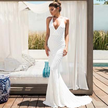 Chic Backless Lace Sequin Prom Dress white / S promdress-250223