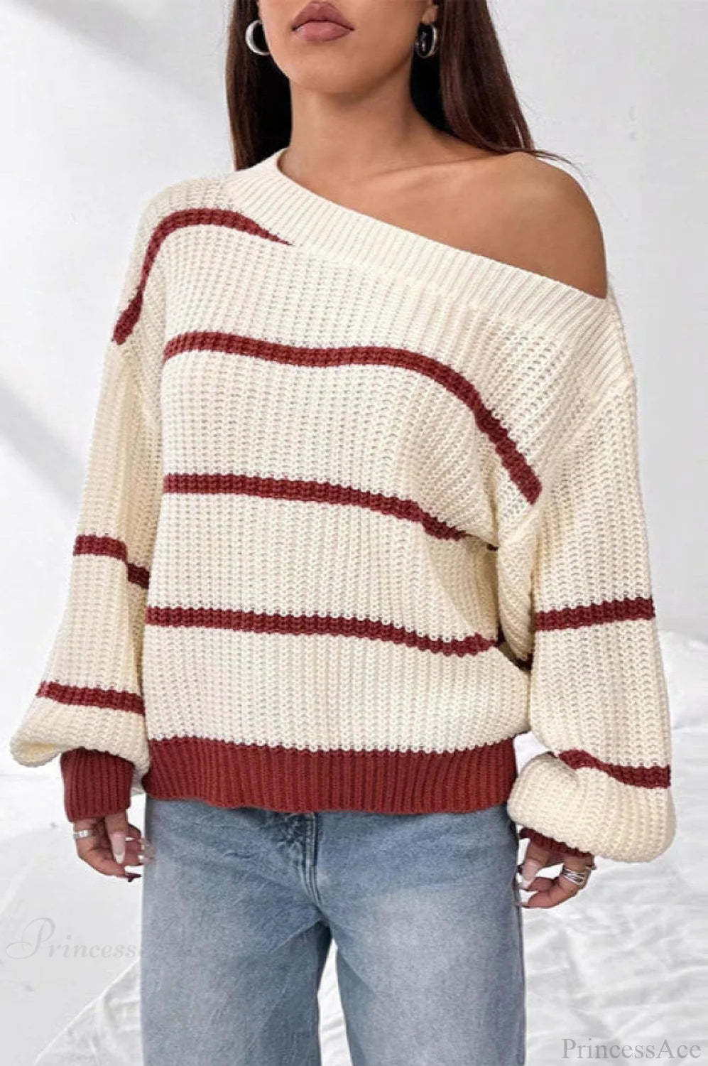 Chic Striped Off Shoulder Lantern Sleeve Knit Sweater