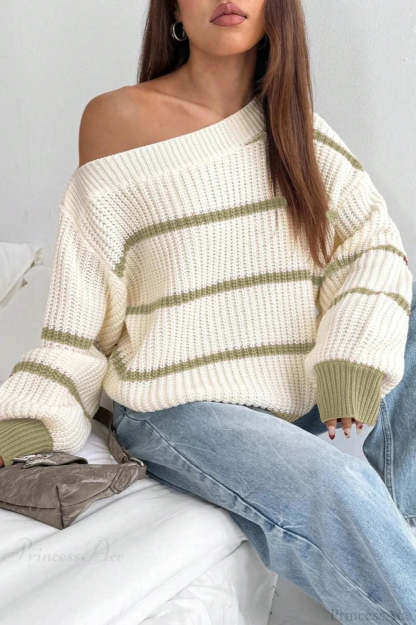 Chic Striped Off Shoulder Lantern Sleeve Knit Sweater