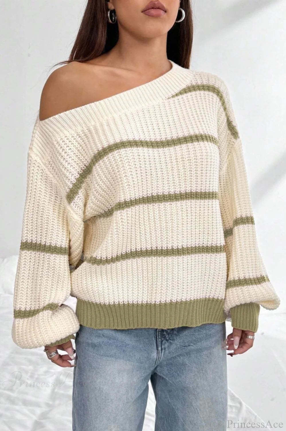 Chic Striped Off Shoulder Lantern Sleeve Knit Sweater Green / S
