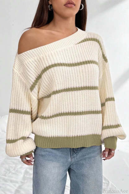 Chic Striped Off Shoulder Lantern Sleeve Knit Sweater Green / S