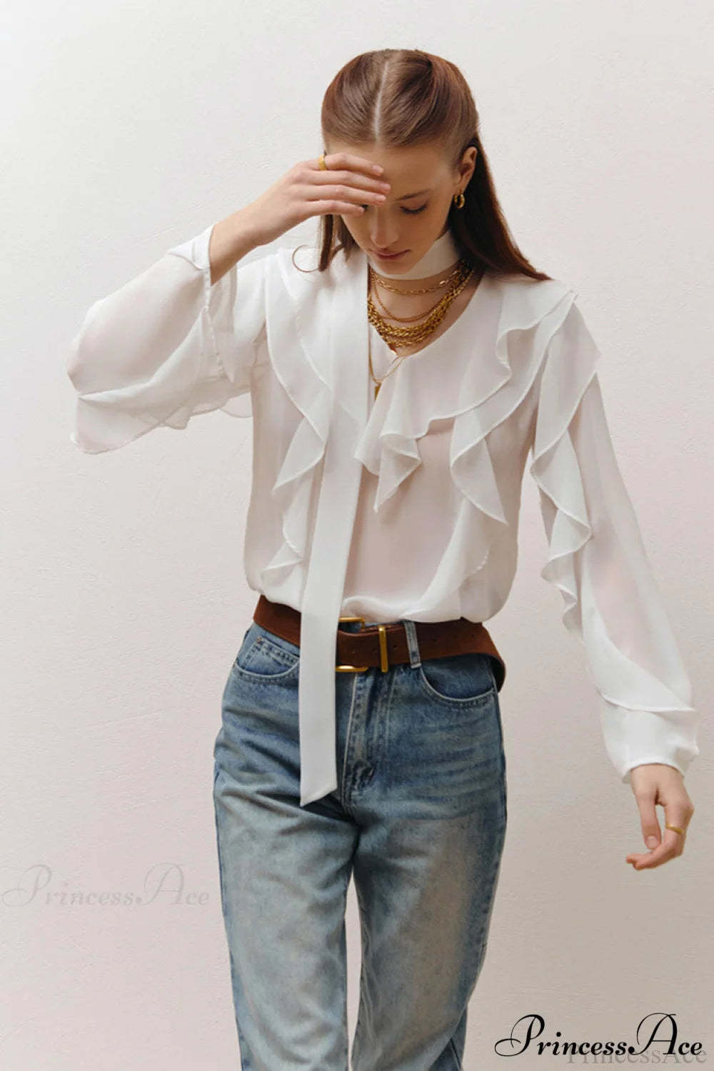 Chiffon Ruffled Long Sleeve V Neck Blouse