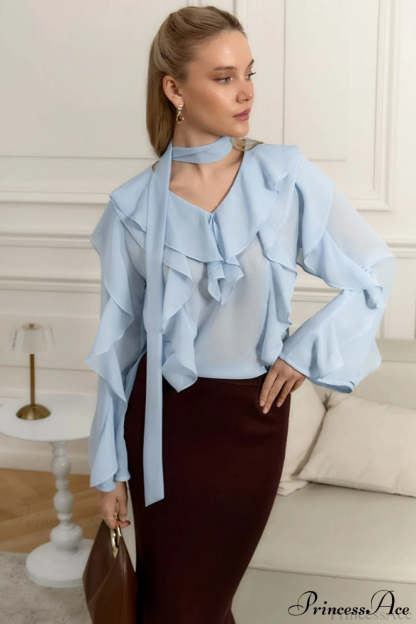 Chiffon Ruffled Long Sleeve V Neck Blouse Blue / S