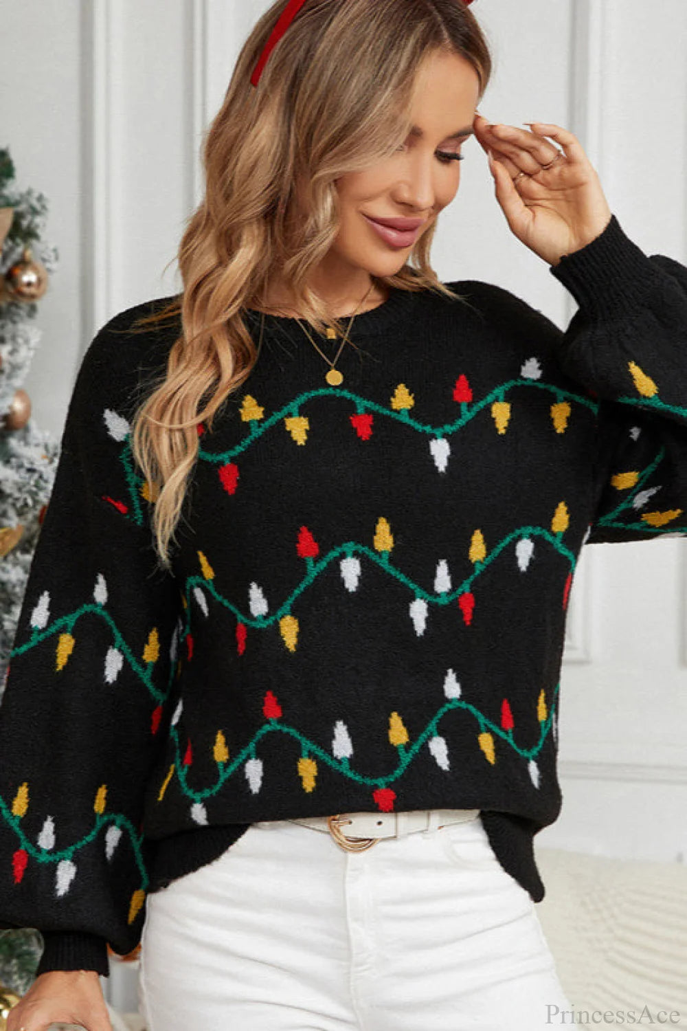 Christmas Light Sweet Loose Pullover Knit Sweater Black / S