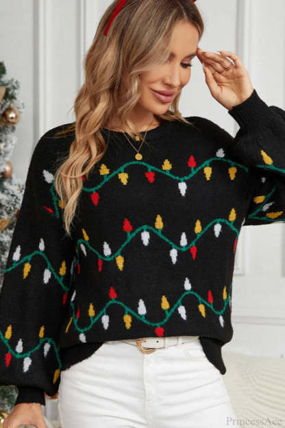 Christmas Light Sweet Loose Pullover Knit Sweater Black / S