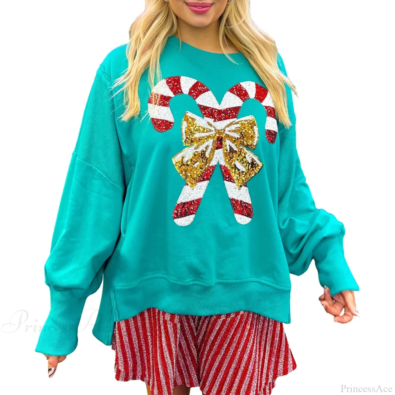 Christmas Sequin Candy Cane Holiday Oversized Side Slit Sparkly Pullover Hoodie Green / S Hoodies-L