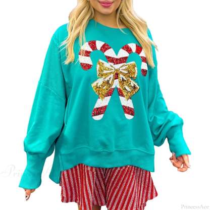 Christmas Sequin Candy Cane Holiday Oversized Side Slit Sparkly Pullover Hoodie Green / S Hoodies-L