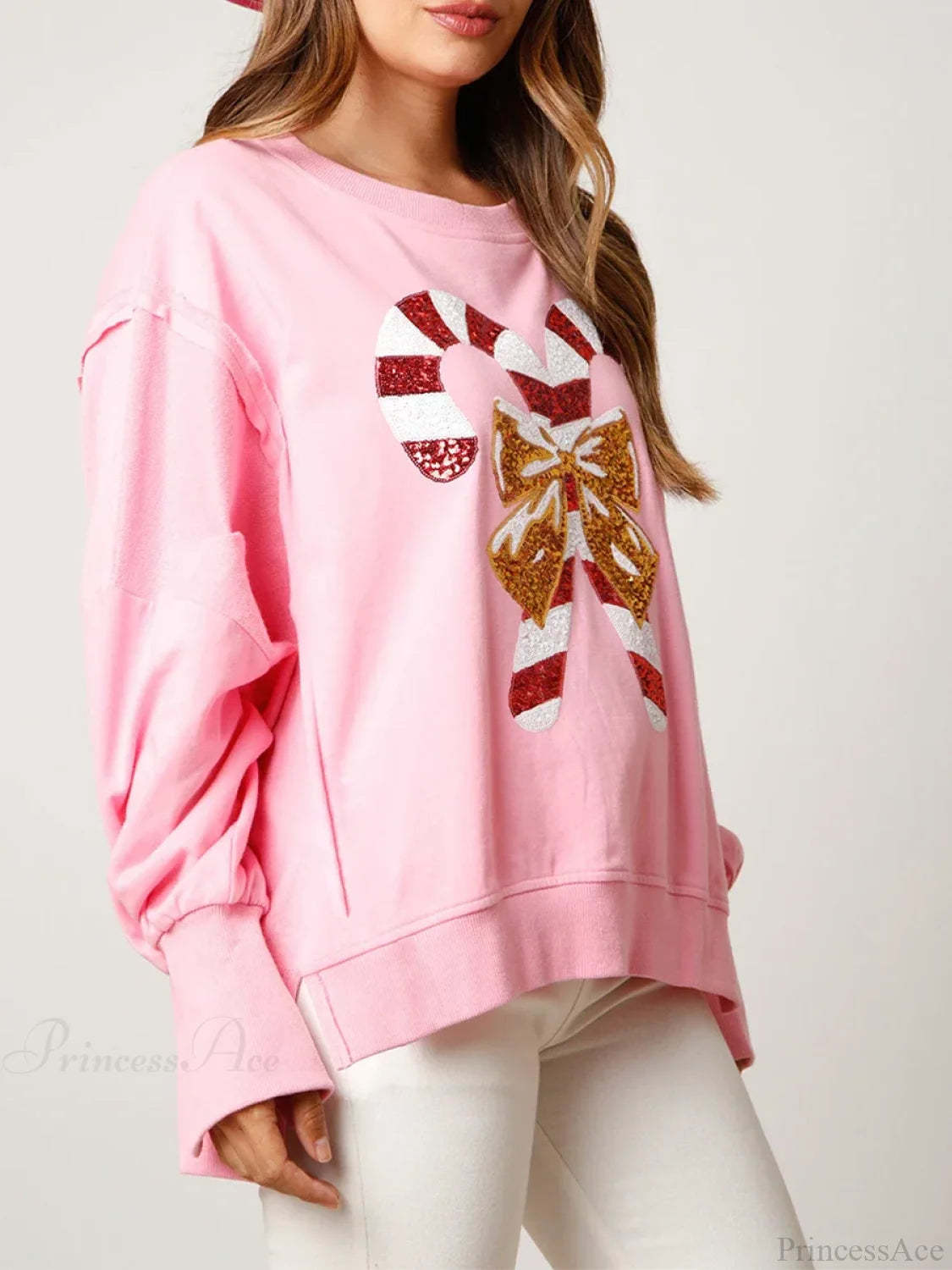 Christmas Sequin Candy Cane Holiday Oversized Side Slit Sparkly Pullover Hoodie Hoodies-L