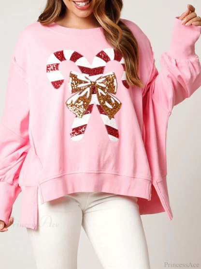 Christmas Sequin Candy Cane Holiday Oversized Side Slit Sparkly Pullover Hoodie Hoodies-L