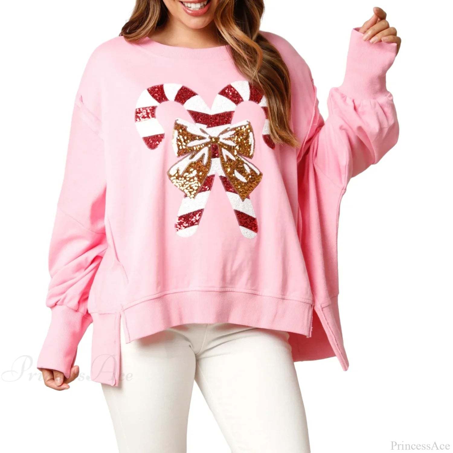 Christmas Sequin Candy Cane Holiday Oversized Side Slit Sparkly Pullover Hoodie Pink / S Hoodies-L