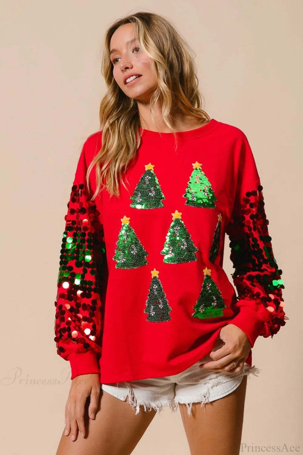 Christmas Sequined Long Sleeve Loose Sweater Red / S