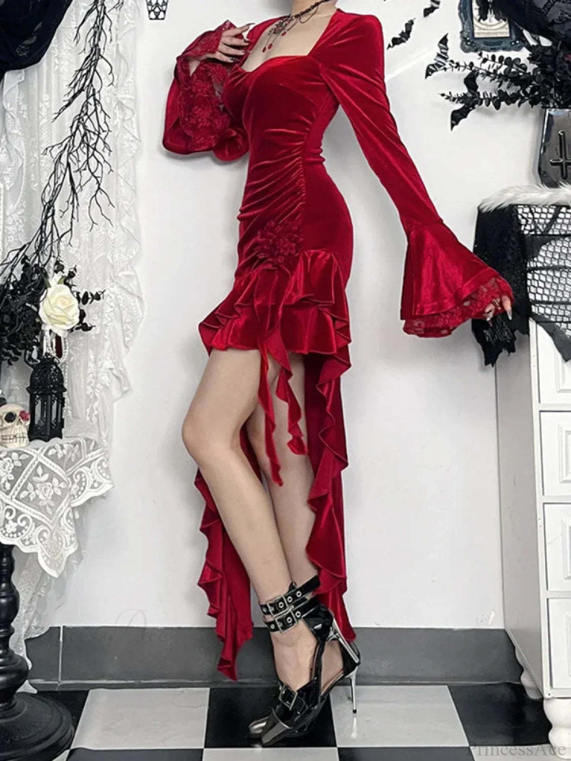 Christmas Velvet Lace Patchwork Midi Dress