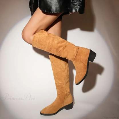 Classic Pointed Pleated Autumn Winter Fashion Suede Flock Knee High Boot Brown / 35