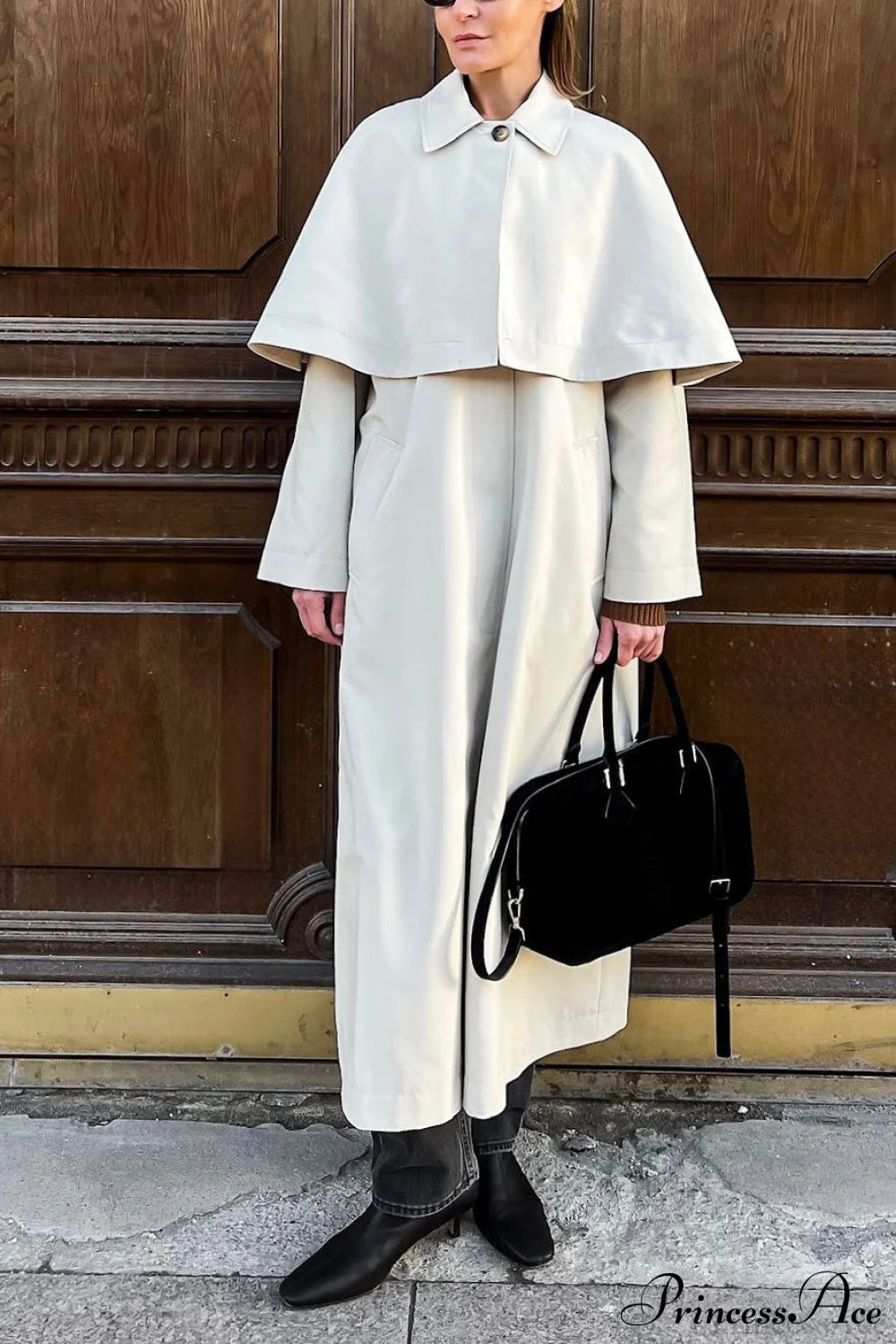 Collar Cape Slim Elegant Long Overcoat Beige / S