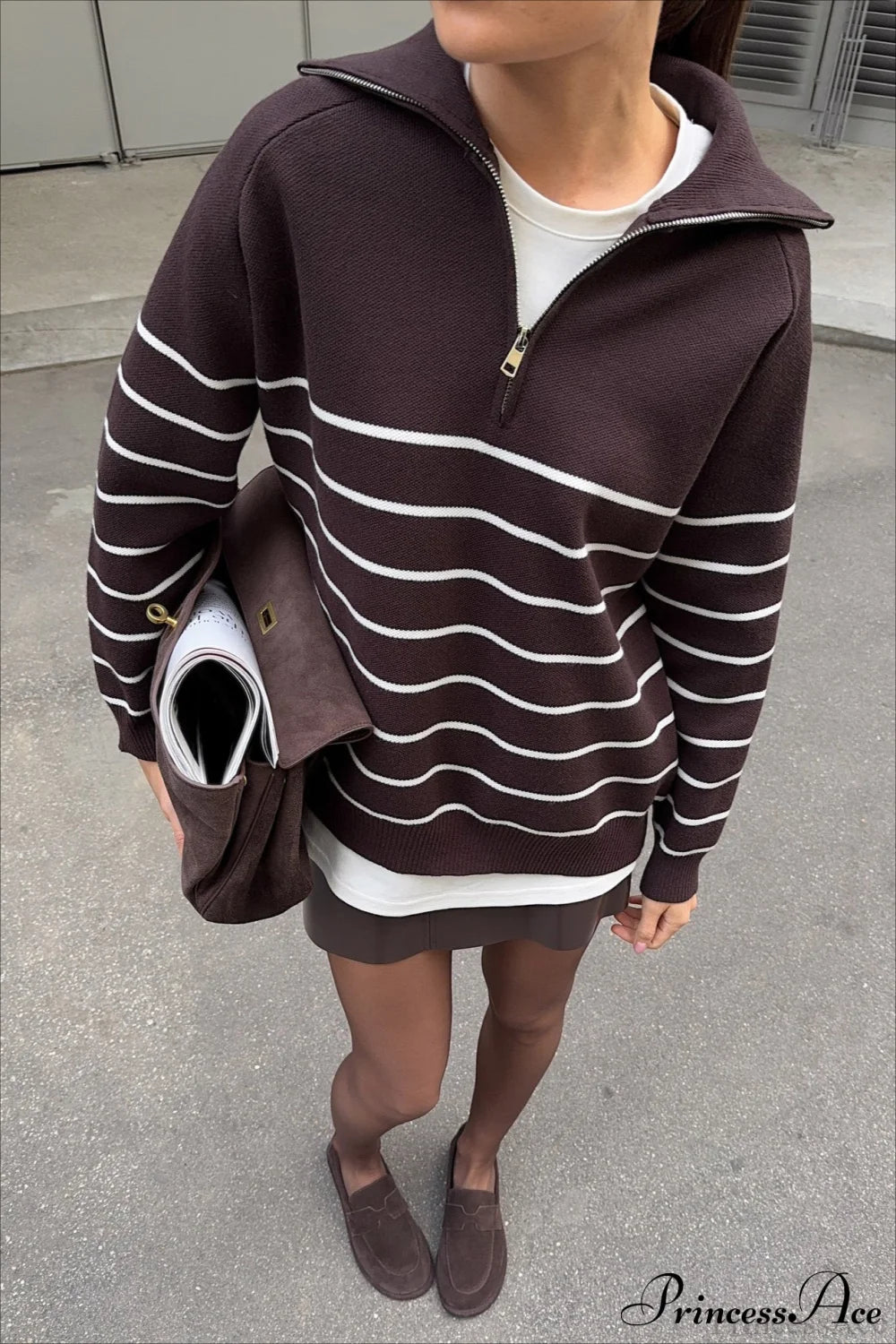 Collared Half Zip Soft Striped Long Sleeve Sweater