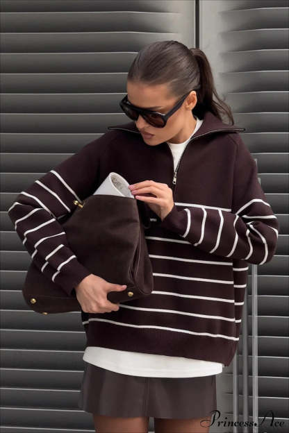 Collared Half Zip Soft Striped Long Sleeve Sweater Brown / S