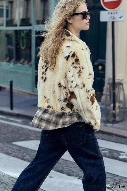 Collared Printed Faux Fur Short Coat