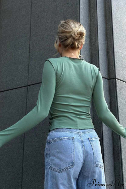 Color Block Ribbed Slim Crew Neck Long Sleeve Tee