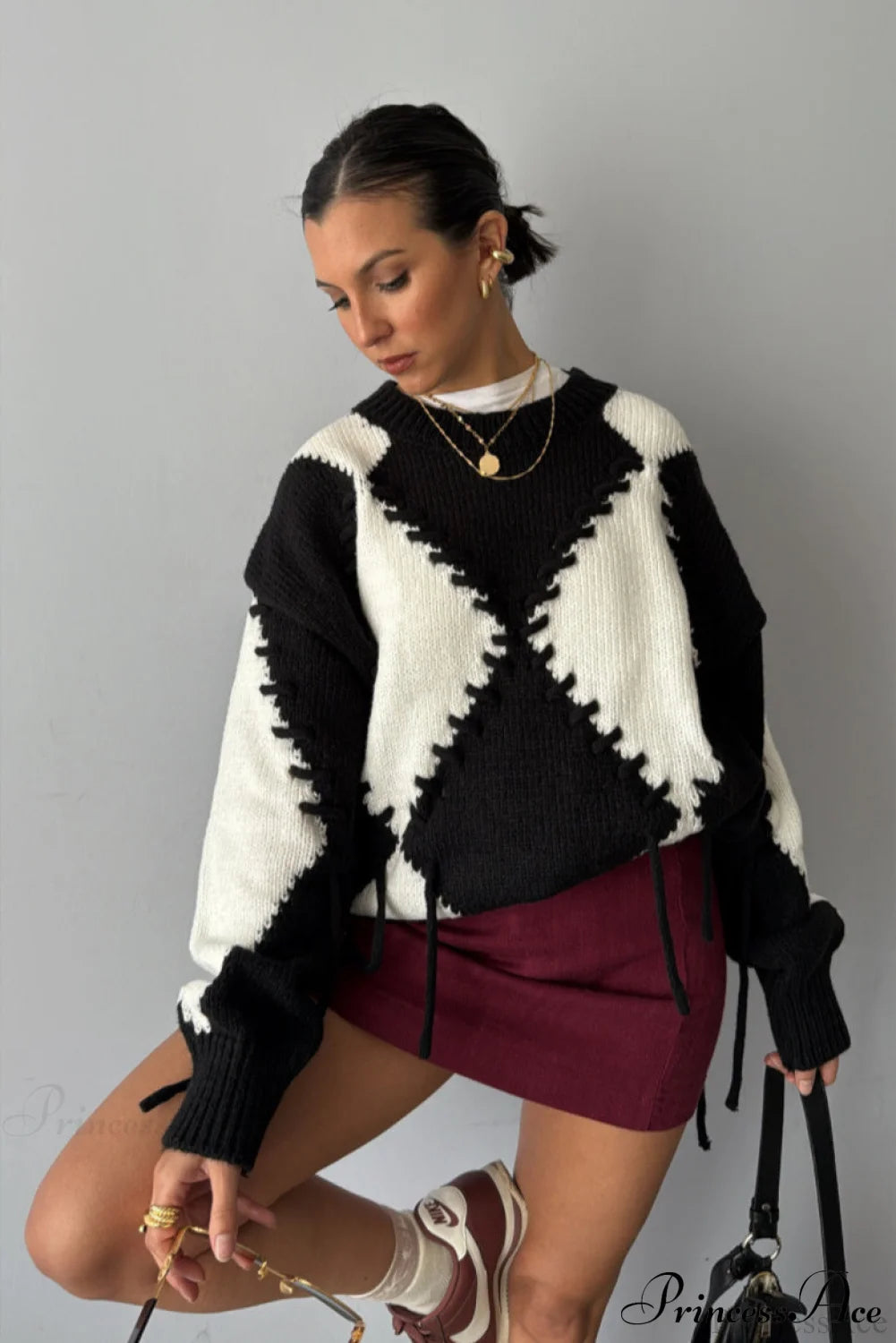 Colorblock Argyle Drawstring Crew Neck Knit Sweater