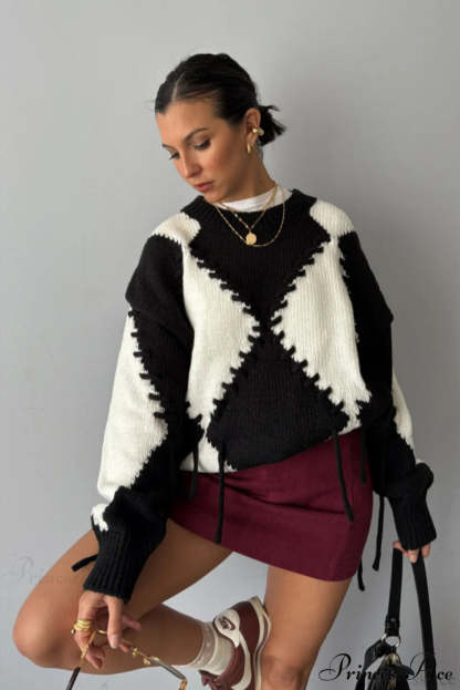 Colorblock Argyle Drawstring Crew Neck Knit Sweater