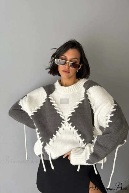 Colorblock Argyle Drawstring Crew Neck Knit Sweater