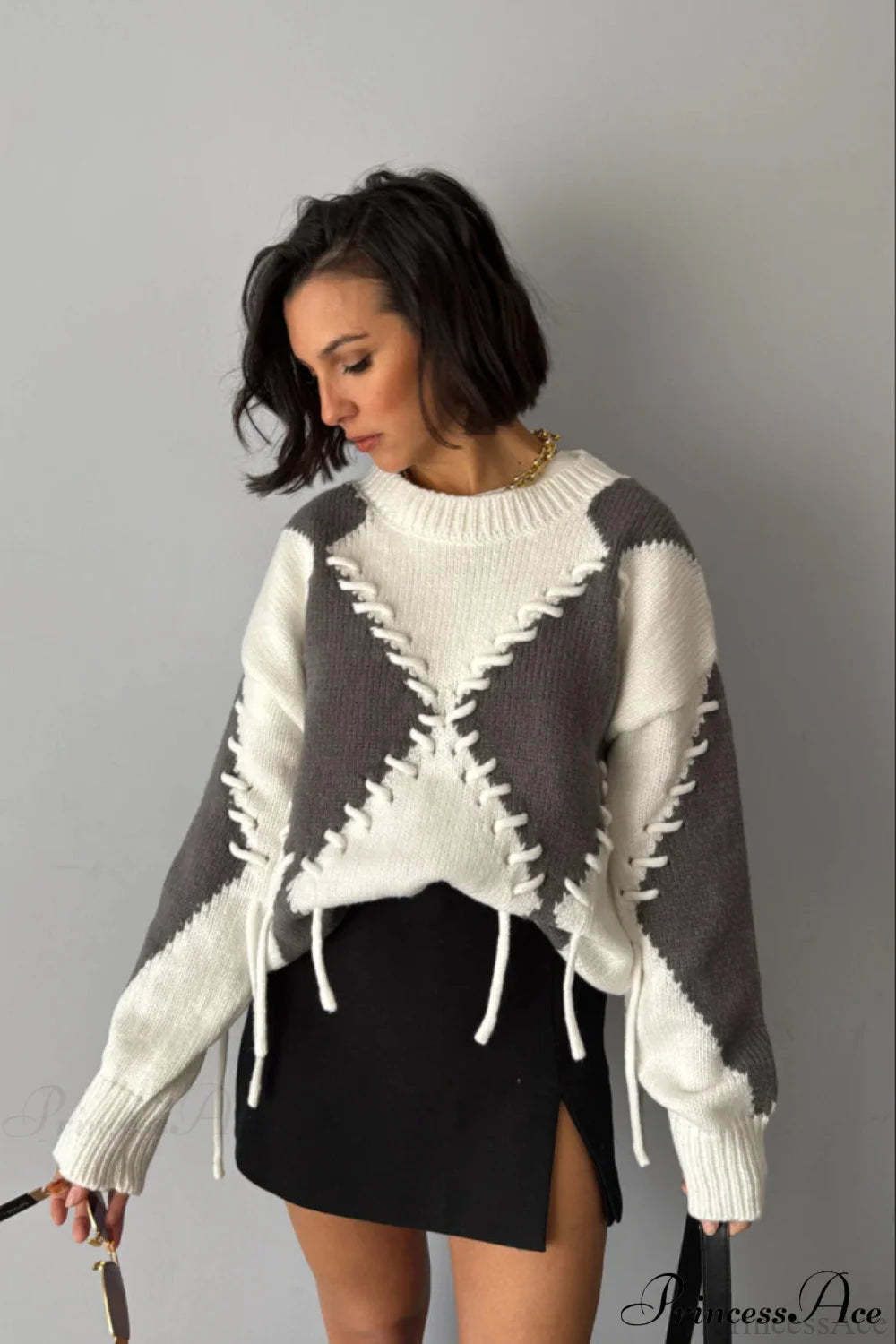 Colorblock Argyle Drawstring Crew Neck Knit Sweater Grey / S