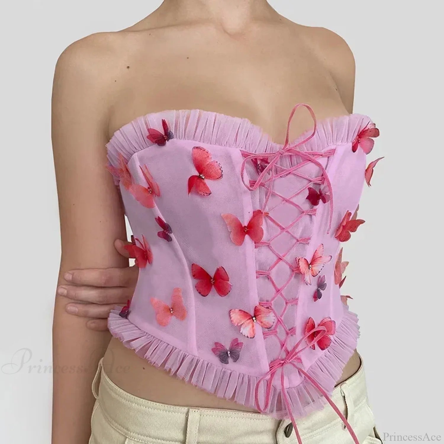 Colorful Butterfly Appliques Mesh Ruffle Crop Top croptop-250223