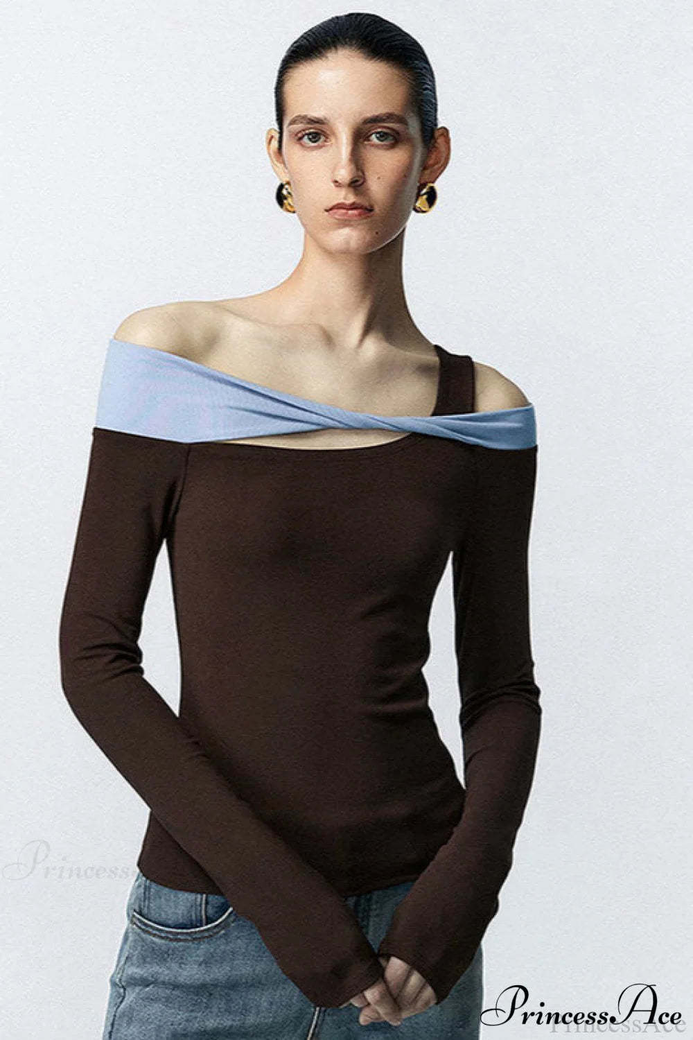 Contrast Color One Shoulder Cutout Slim Long Sleeve Tee