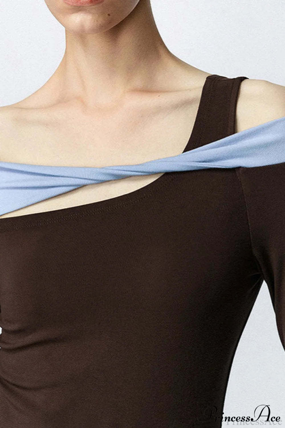 Contrast Color One Shoulder Cutout Slim Long Sleeve Tee