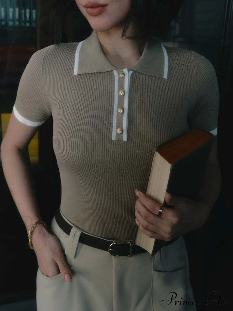 Contrast Trim Metal Trendy Button Knit Top Khaki / Xs Sweaters-L