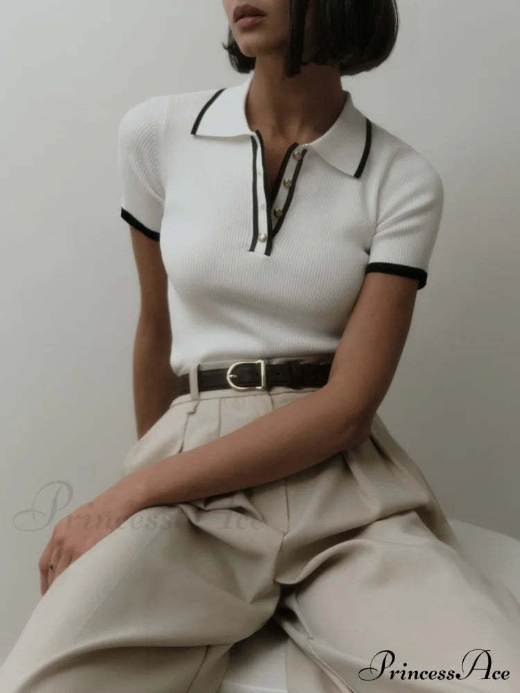 Contrast Trim Metal Trendy Button Knit Top Sweaters-L