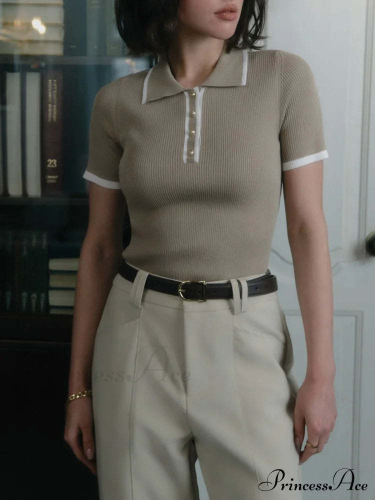 Contrast Trim Metal Trendy Button Knit Top Sweaters-L