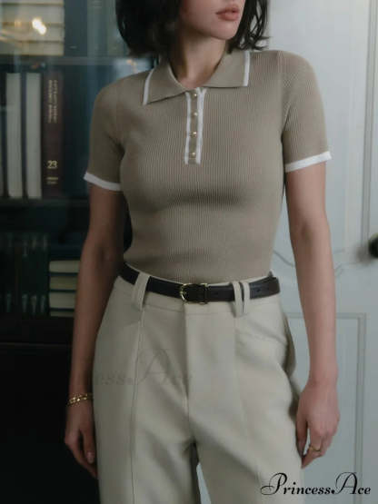 Contrast Trim Metal Trendy Button Knit Top Sweaters-L