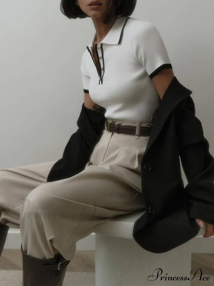 Contrast Trim Metal Trendy Button Knit Top Sweaters-L